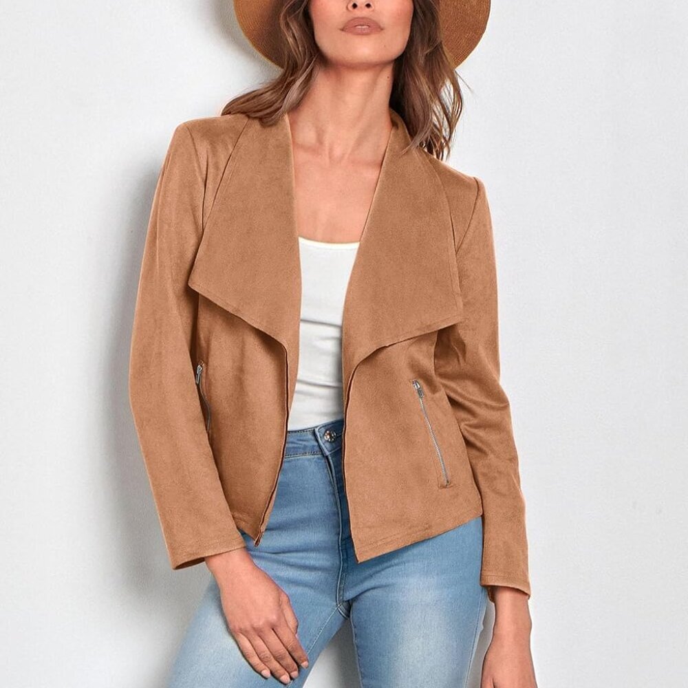 Brand New Women's Faux Suede Cropped Jacket in Camel, Size Small, Trendy Fall Fa - Picture 6 of 9